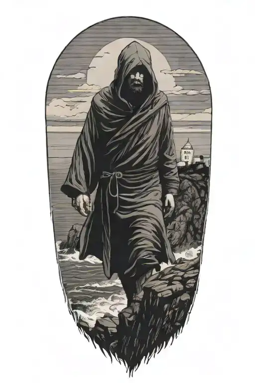 A hooded cultist walking along a cliff on a stormy night, with ocean in background, isolated island with a monastery tattoo design idea