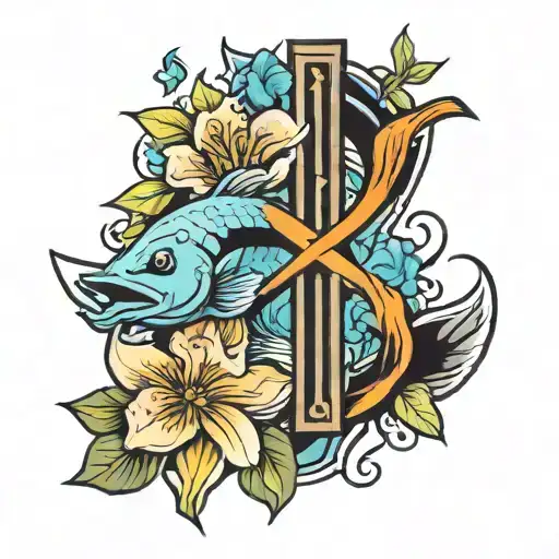 Jesus fish ribbon, cross, flowers tattoo design idea