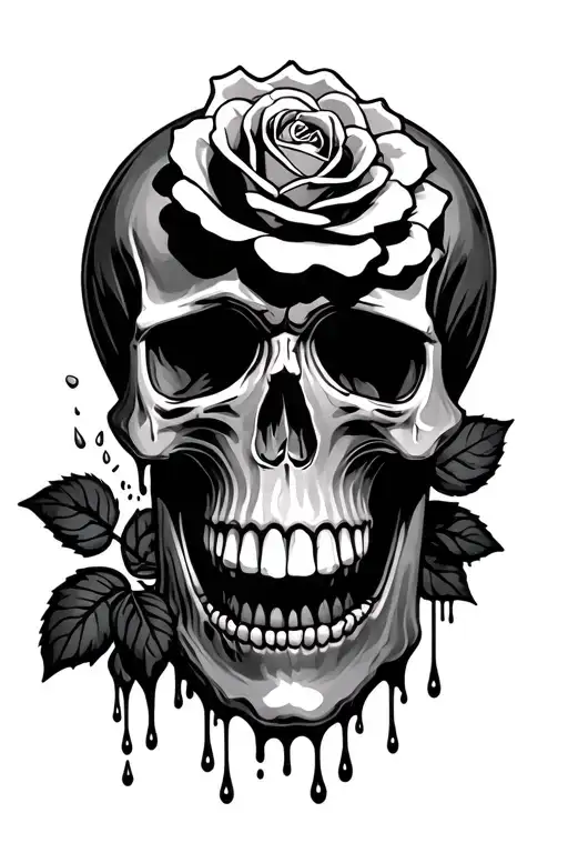 Skull with rose, dripping like a candle tattoo design idea