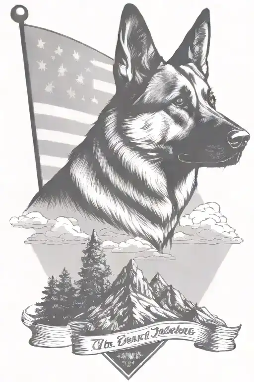 dark portrait german shepherd on a mountain peak American flag waving banner saying "diabetes" tattoo design idea