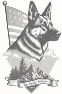 dark portrait german shepherd on a mountain peak American flag waving banner saying "diabetes" tattoo design idea