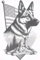 dark portrait german shepherd on a mountain peak American flag waving banner saying "diabetes" tattoo design idea