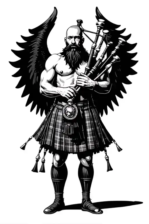 shirtless muscular bagpiper bald black beard playing bagpipes huge black wings black background tattoo design idea