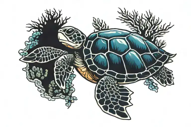 sea turtle with coral reef tattoo design idea