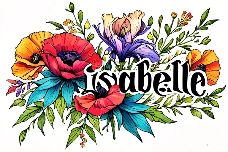 Isabelle word with gladiolus and poppy flowers tattoo design idea