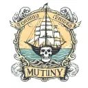 Container ship with a crane behind and a skull and anchor with the text Mutiny tattoo design idea