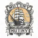 Container ship with a crane behind and a skull and anchor with the text Mutiny tattoo design idea