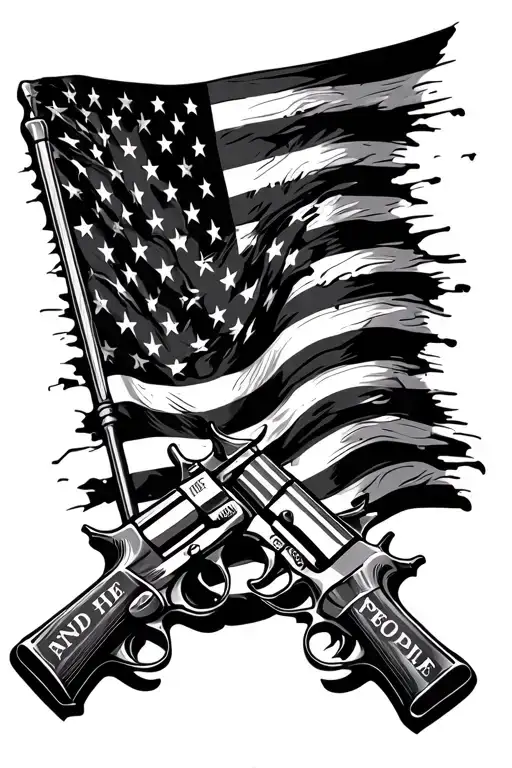 tattered American flag waving with pistols and 2nd amendment  writing we the people tattoo design idea