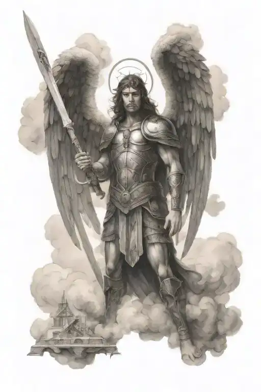 Archangel Michael wielding a sword in Enochian language script, surrounded by clouds in a blackwork style tattoo design idea