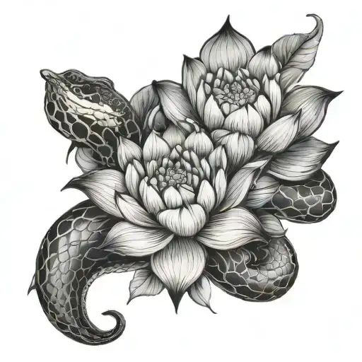 Snake slittering through lotus flowers on full arm sleeve tattoo design idea