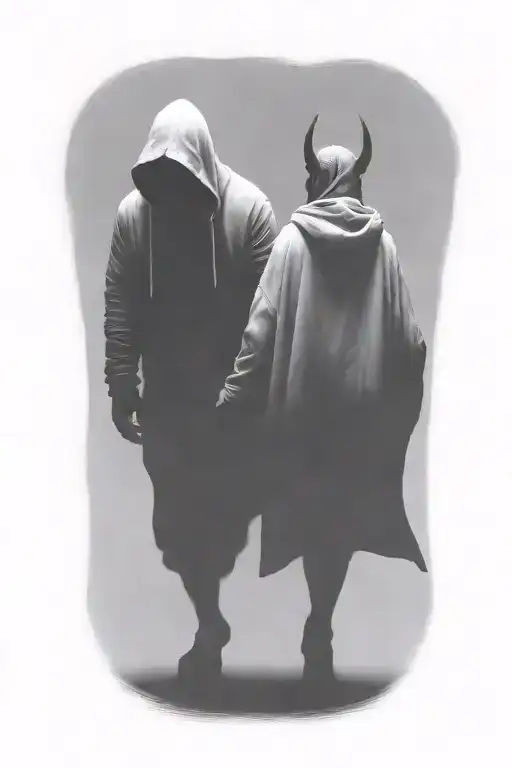 a huge hooded demon beast and a woman walking away together tattoo design idea