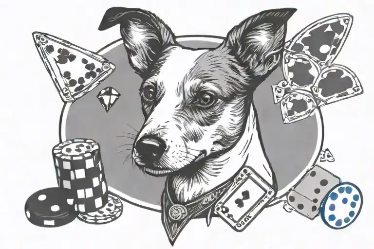 jack Russell ears outline + Vegas poker chips and dice + Detroit lions + momento mori saying tattoo design idea