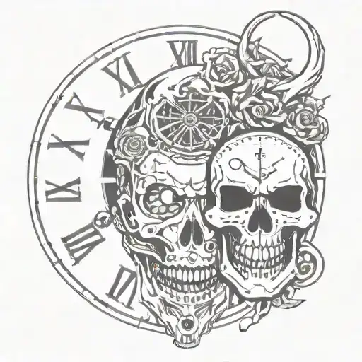 skull and demon in a mask with a blank face and a clock and an inscription in Latin tattoo design idea