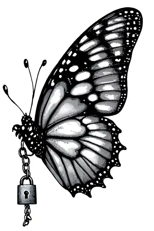 A padlock chains a butterfly's body tattoo design idea