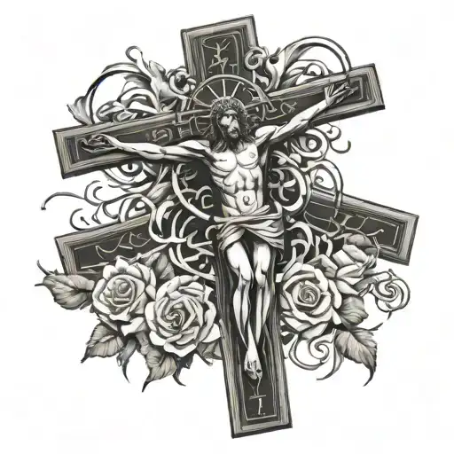 Generate image of crucifix with the names TRENXH and EDDIE incorporated into it tattoo design idea
