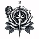 compass, microphone, praying hands, rose tattoo design idea