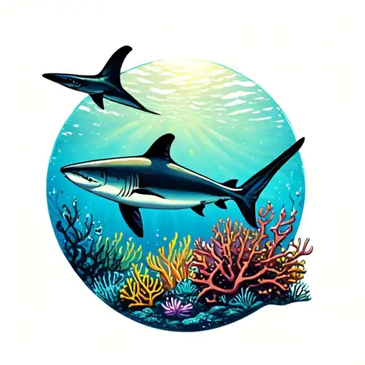 A traditional tattoo of a snorkeler admiring a black tip reef shark in a coral reef tattoo design idea