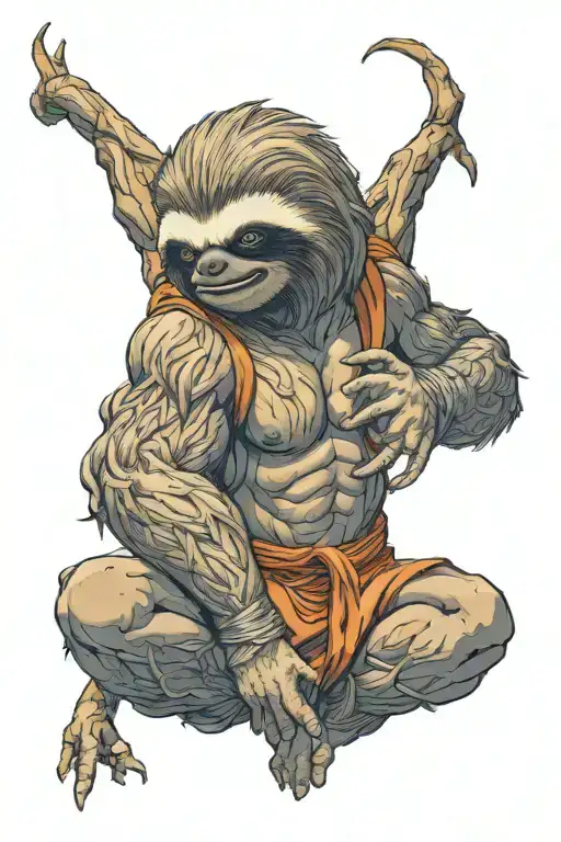 sloth in goku costume from dragon ball with big muscles and visible veins in SSJ form tattoo design idea