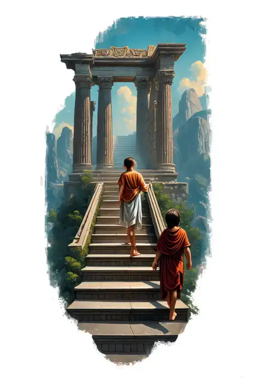 of the stairs climbed by a child surrounded by the difficulties of life to face and at the end the temple of Olympus tattoo design idea