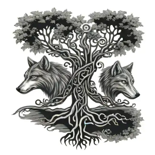 Celtic tree with 3 wolfs face tattoo design idea