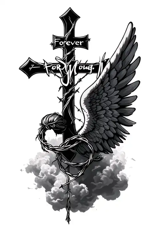 "Forever Young" Angel wings with a Chicano cross wrapped in barbed wire surrounded by clouds tattoo design idea