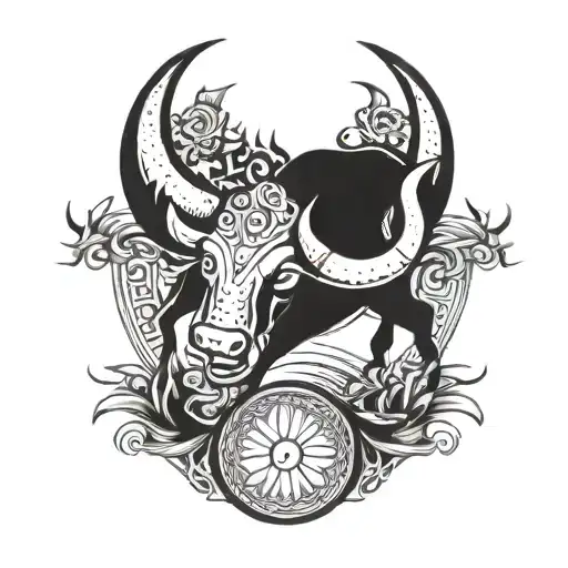 A stylized blackwork design combining a bull (Taureau) and a crab (Cancer) under a crescent moon and sun motif tattoo design idea