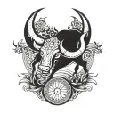 A stylized blackwork design combining a bull (Taureau) and a crab (Cancer) under a crescent moon and sun motif tattoo design idea