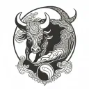 A stylized blackwork design combining a bull (Taureau) and a crab (Cancer) under a crescent moon and sun motif tattoo design idea