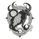 A stylized blackwork design combining a bull (Taureau) and a crab (Cancer) under a crescent moon and sun motif tattoo design idea