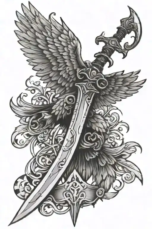 a broadsword with runes on the blade but the hilt is actually a falcon flying with wings outstretched as seen from above tattoo design idea