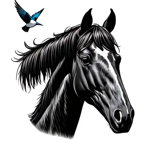 horse by a fence with a barn swallow on the fence  tattoo design idea