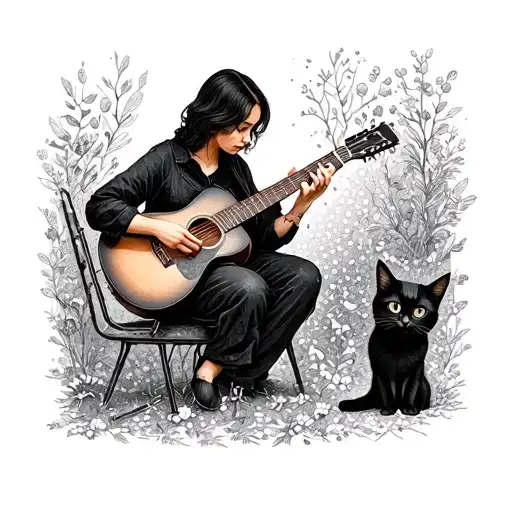 A leftist therapist playing guitar with a black cat familiar tattoo design idea