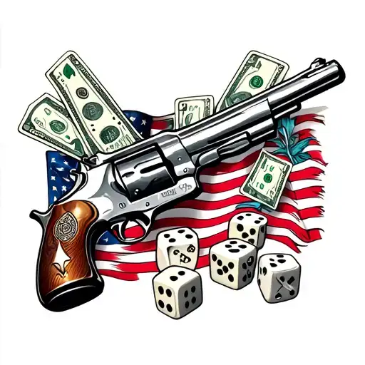 sleeve with money playing cards dice a pistol a shotgun and an american flag tattoo design idea