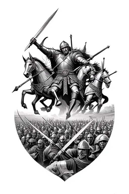 large battle of army of knights true medieval periods versus army of celtic, viking and slavic warriors  tattoo design idea