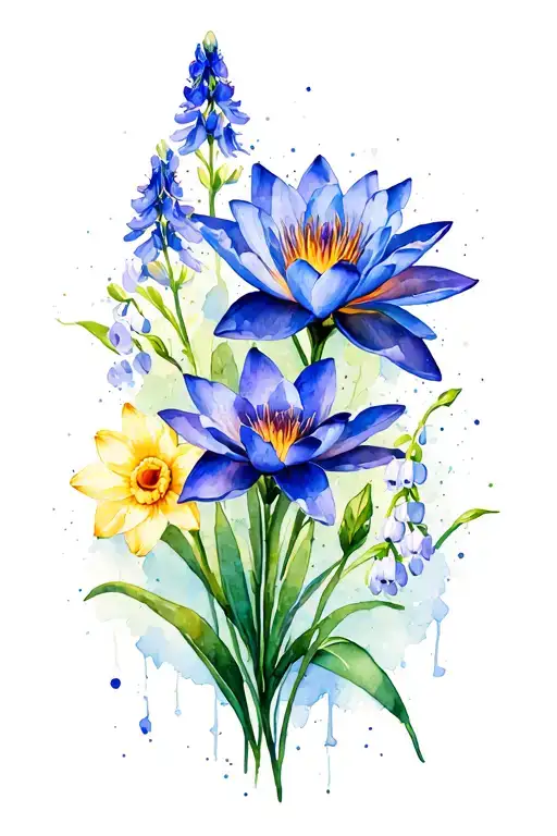 blue bonnet, water lily, larkspur, chrysanthemum, iris, gladiolus, lilly of the valley, daffodil tattoo design idea