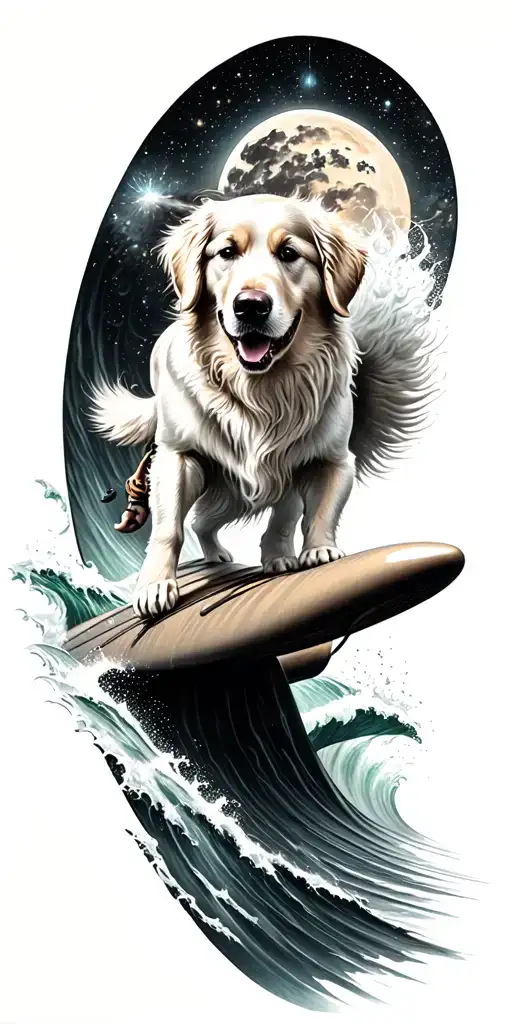 A surreal black and grey tattoo of a golden retriever riding a surfboard on a cosmic wave, inspired by Poseidon myths tattoo design idea