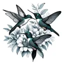 A dotwork pattern of hummingbirds and butterflies forming a seamless floral background tattoo design idea