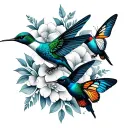 A dotwork pattern of hummingbirds and butterflies forming a seamless floral background tattoo design idea