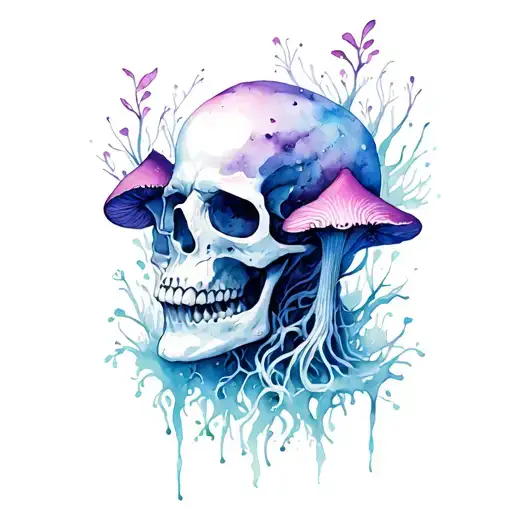 contorted skull growing fungus tattoo design idea