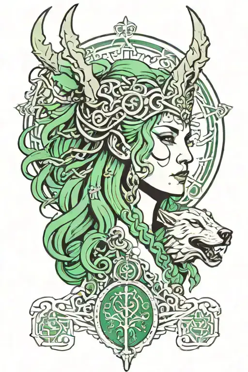 a portrait style tattoo of the goddess Hel, with  head of Fenrir. include Norse runes, chains on Fenrir & ethereal green tattoo design idea