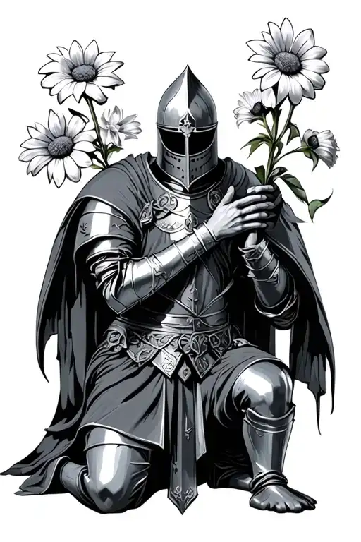 templar knight kneeling holding 6 flowers tattoo design idea