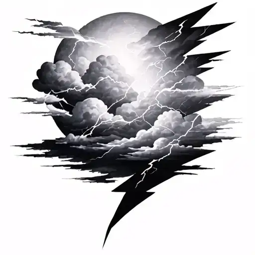 softly shaded black and grey  lighting bolts and clouds  tattoo design idea