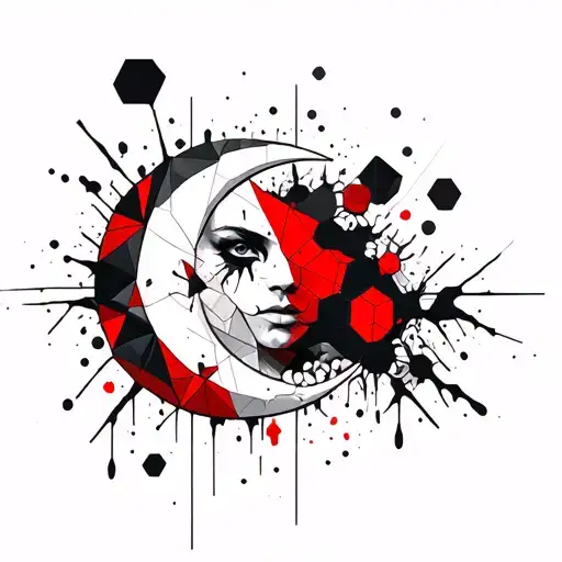 A geometric tattoo design featuring a crescent moon wearing war paint, trash polka black and red, honey comb behind. tattoo design idea