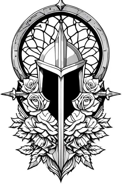 strength courage faith , god warrior with helmet sword shield rose window on armor  tattoo design idea