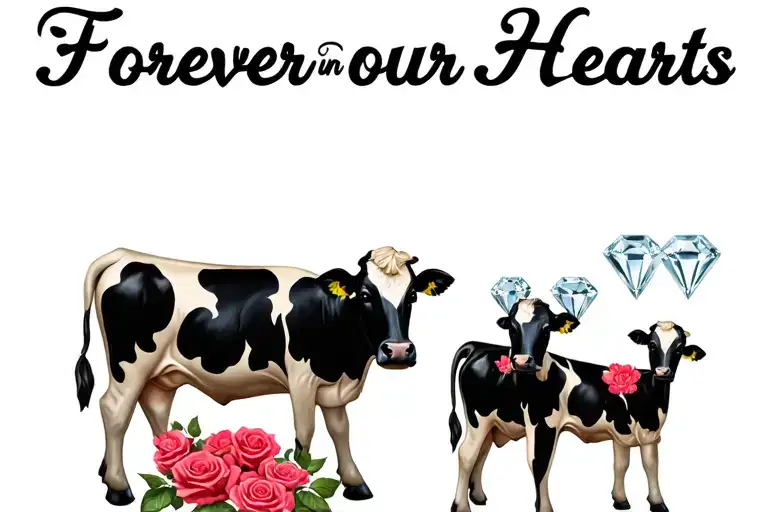 "Forever in our Hearts " "Forever in our Hearts " "Forever in our Hearts " "Forever in our Hearts " "Forever in our Hearts " "Forever in our Hearts " "Forever in our Hearts " Roses, diamonds,cow, and baby cow  tattoo design idea