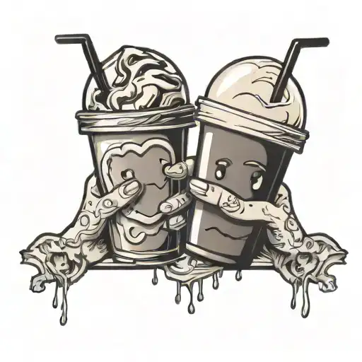 Two Cartoons iced coffees holding hands With and black tattoo design idea