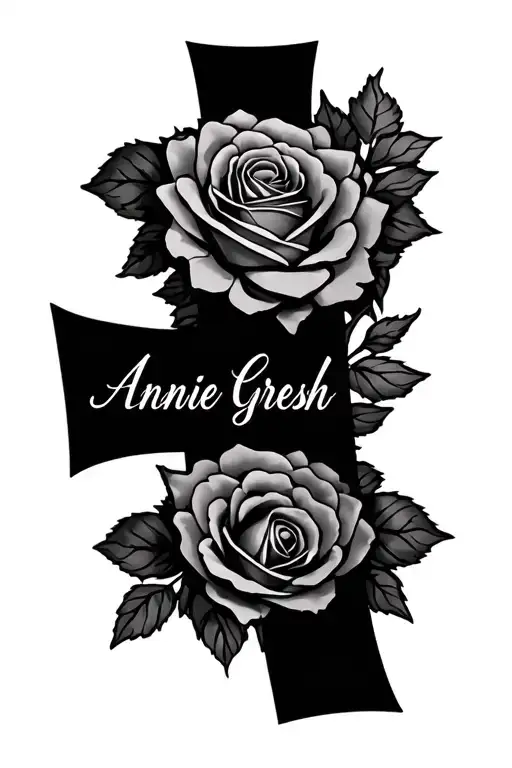 roses aqnd cross with name Annie Gresh  tattoo design idea