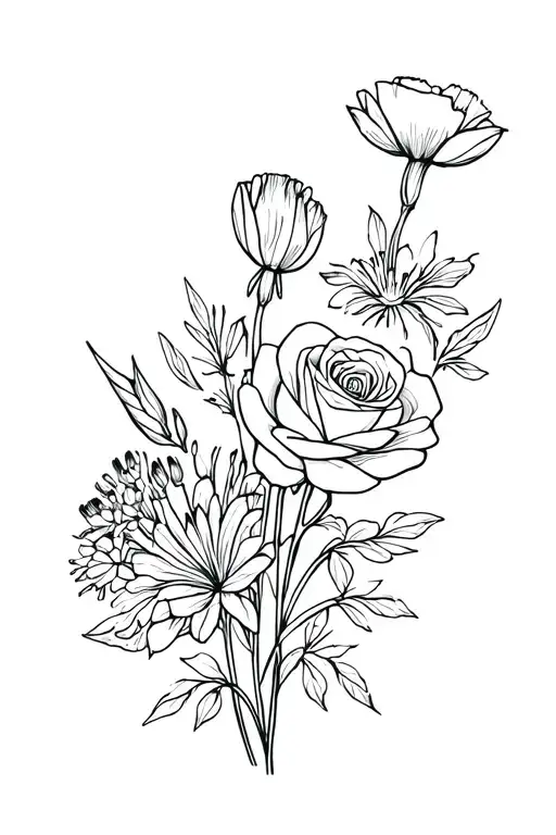a poppy, agapanthus and a rose in a bouquet tattoo design idea