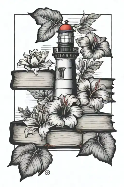 books with hibiscus flowers, a lighthouse, post stamp tattoo design idea
