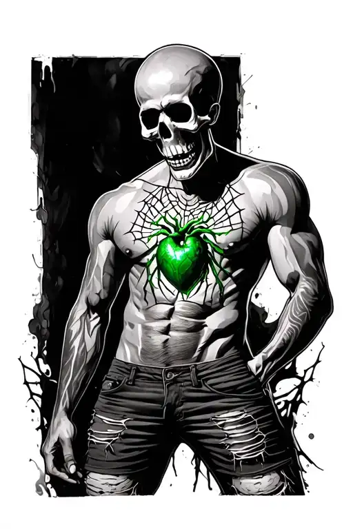 black and grey soft shading Skelton man no shirt ripped shorts a heart that's green like emerald  spider webs  tattoo design idea